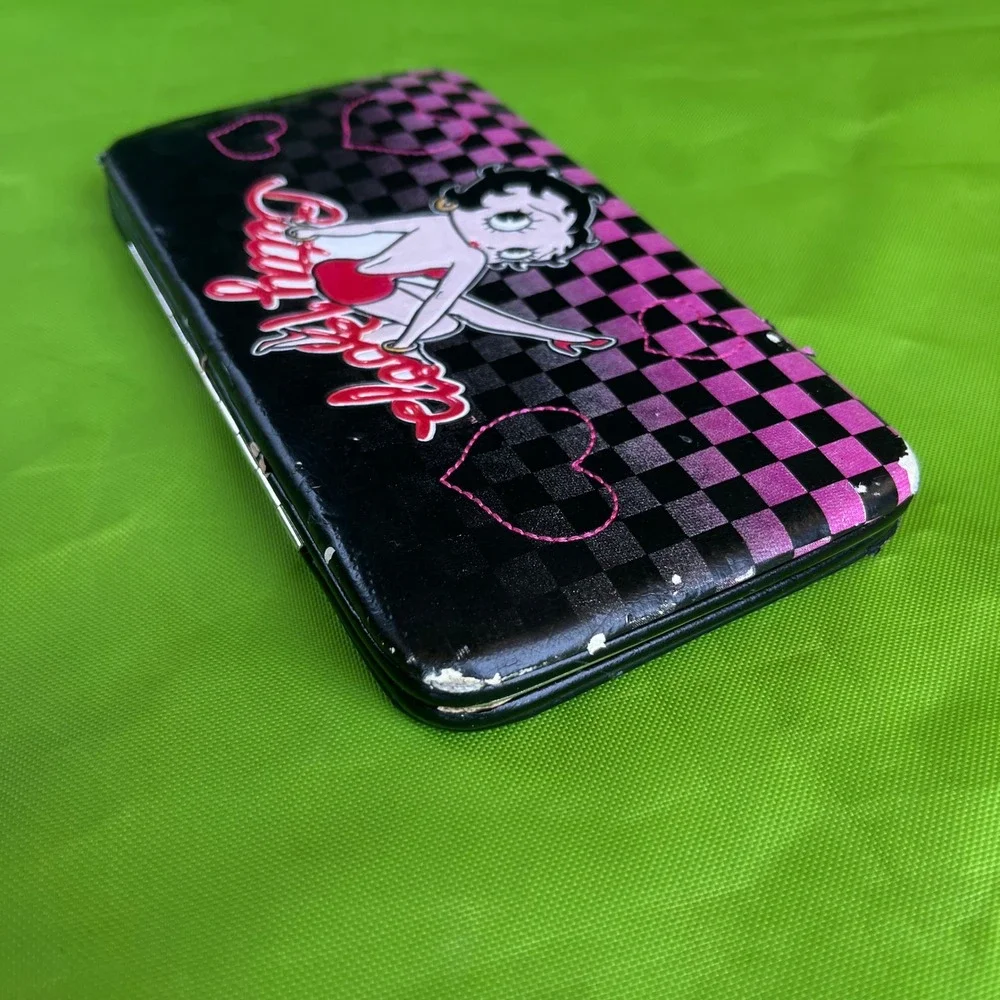 Betty Boop Vintage Hinged Wallet Pink Black Checkered Hearts Long‎ Clutch Purse